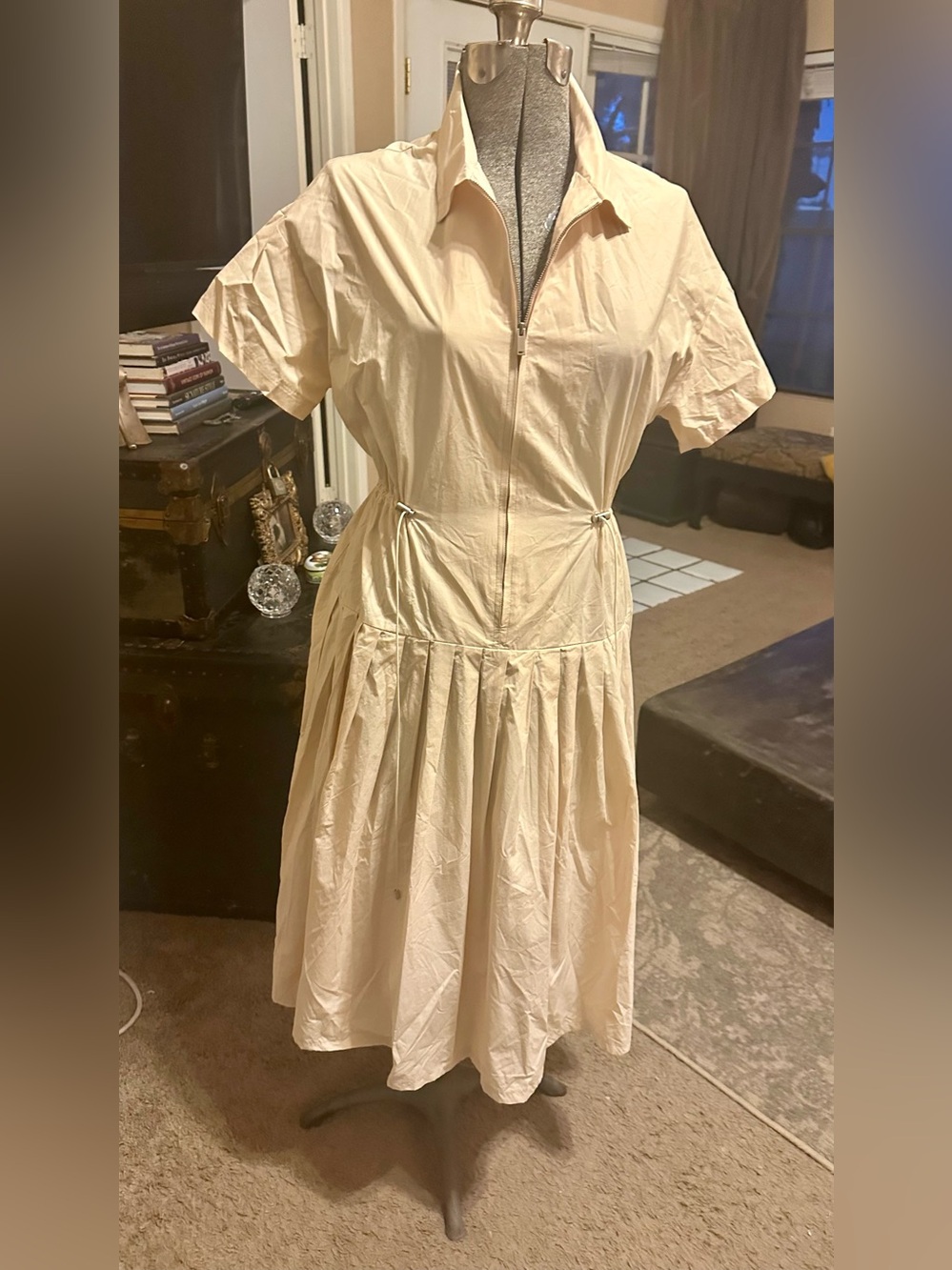 Prada Cream Zip-Front Pleated Midi Dress